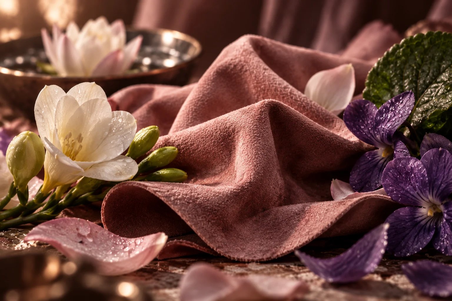 Pink suede, freesia and violet leaf composition for PENUMBRA